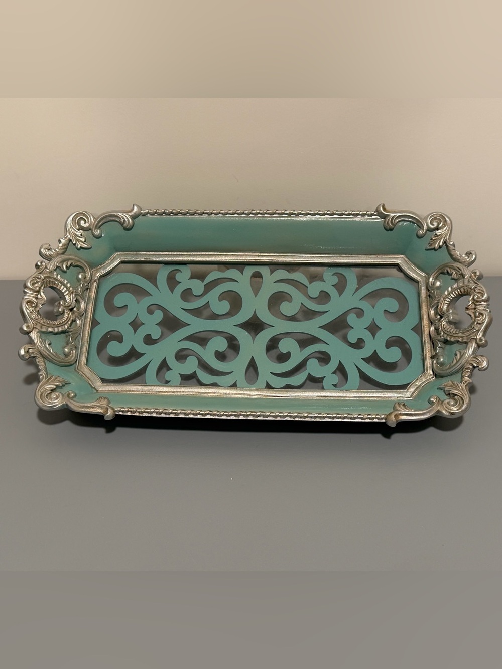 Vintage Turquoise Glass & Silver Trim Vanity Tray